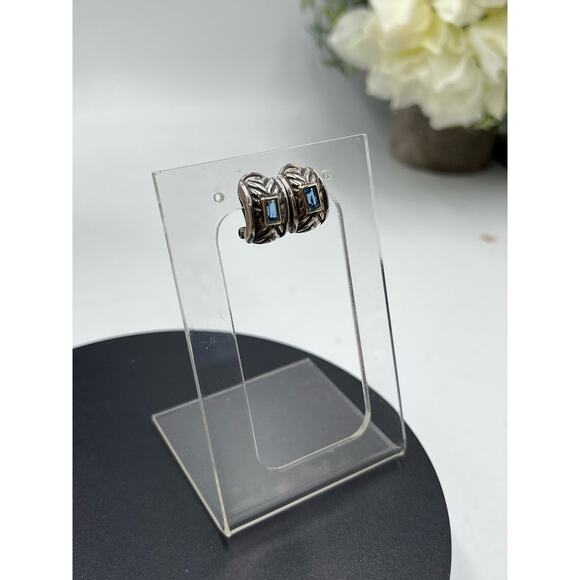 Signed 925 Sterling Silver 14k Yellow Gold Blue Topaz Omega Bali Earrings - Picture 13 of 13